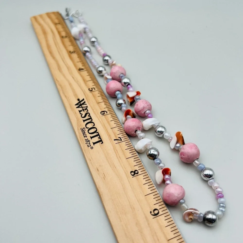 Beaded Necklace Pink White Shell Mixed Bead Silver Tone Pastel Coastal Style 20